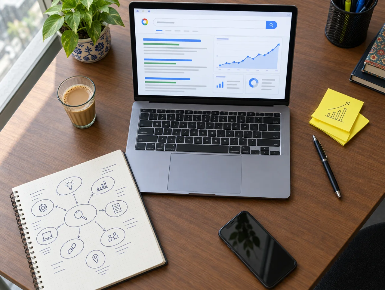 SEO planning desk with rising traffic graph