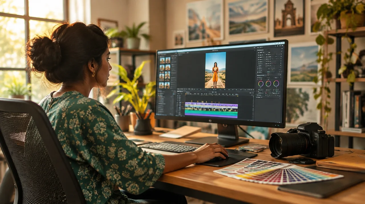 Designer editing a social media video in a studio